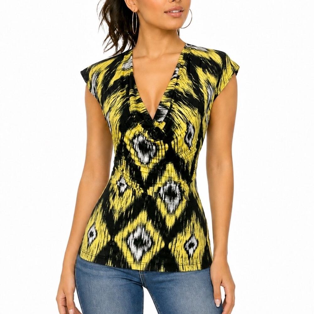 S Y2k VTG Rave Draped Plunge Neck Stretchy Abstract Diamond Print Tunic Club Top